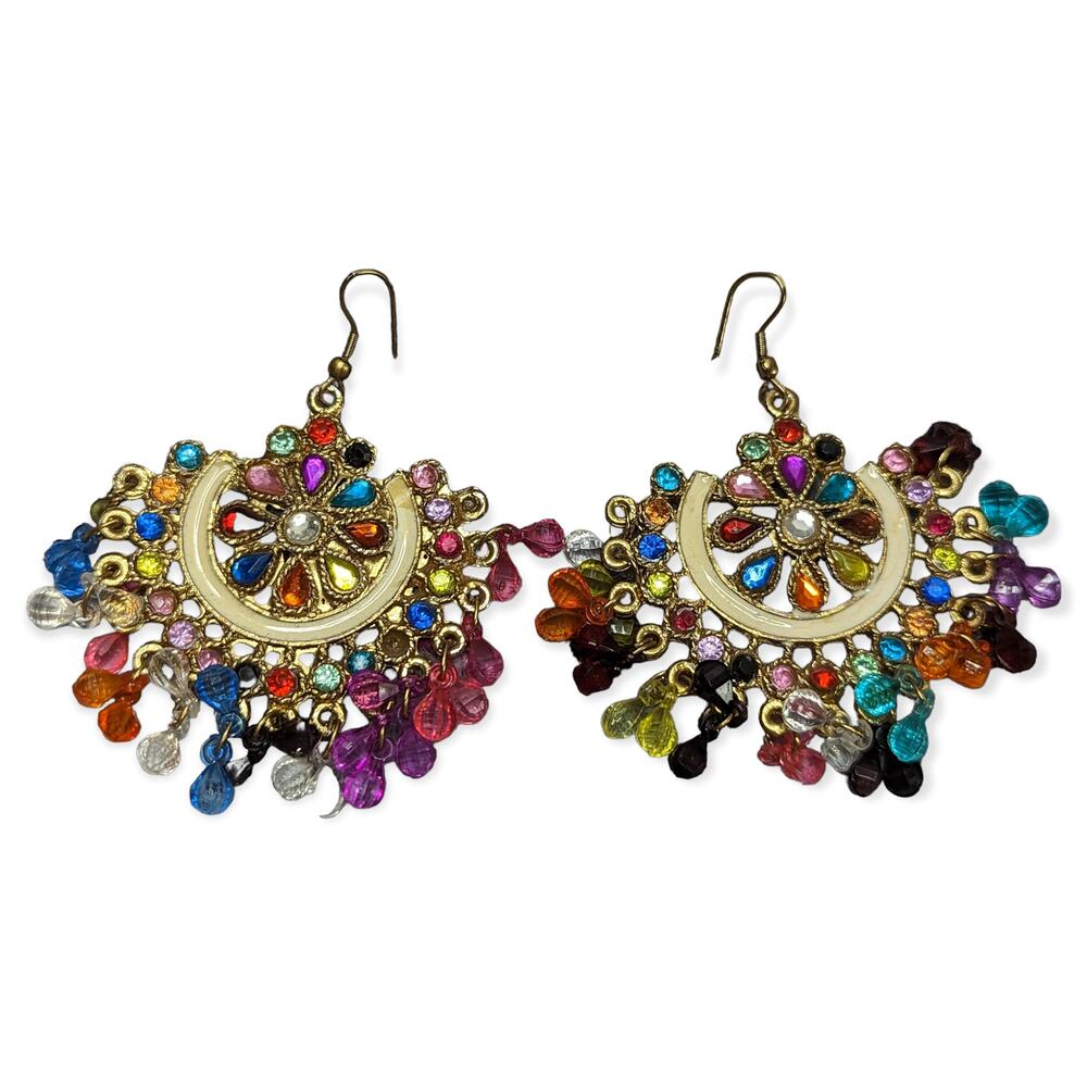 NWOT Colorful Beaded Gold Toned Indian Chandbali Hook Dangle Earrings